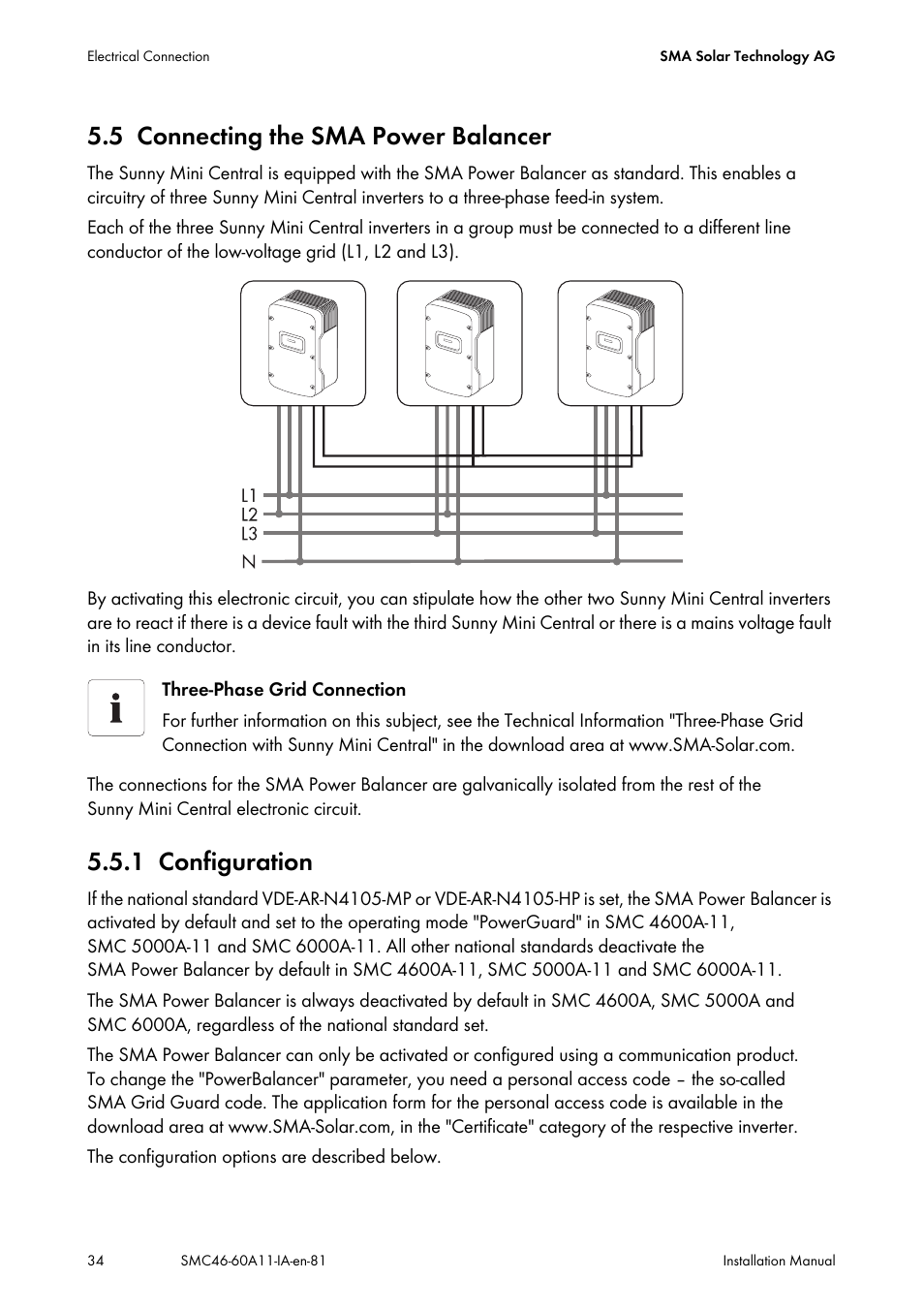 5 connecting the sma power balancer, 1 configuration, Connecting the sma power balancer | Configuration | SMA SMC 4600A Installation User Manual | Page 34 / 84