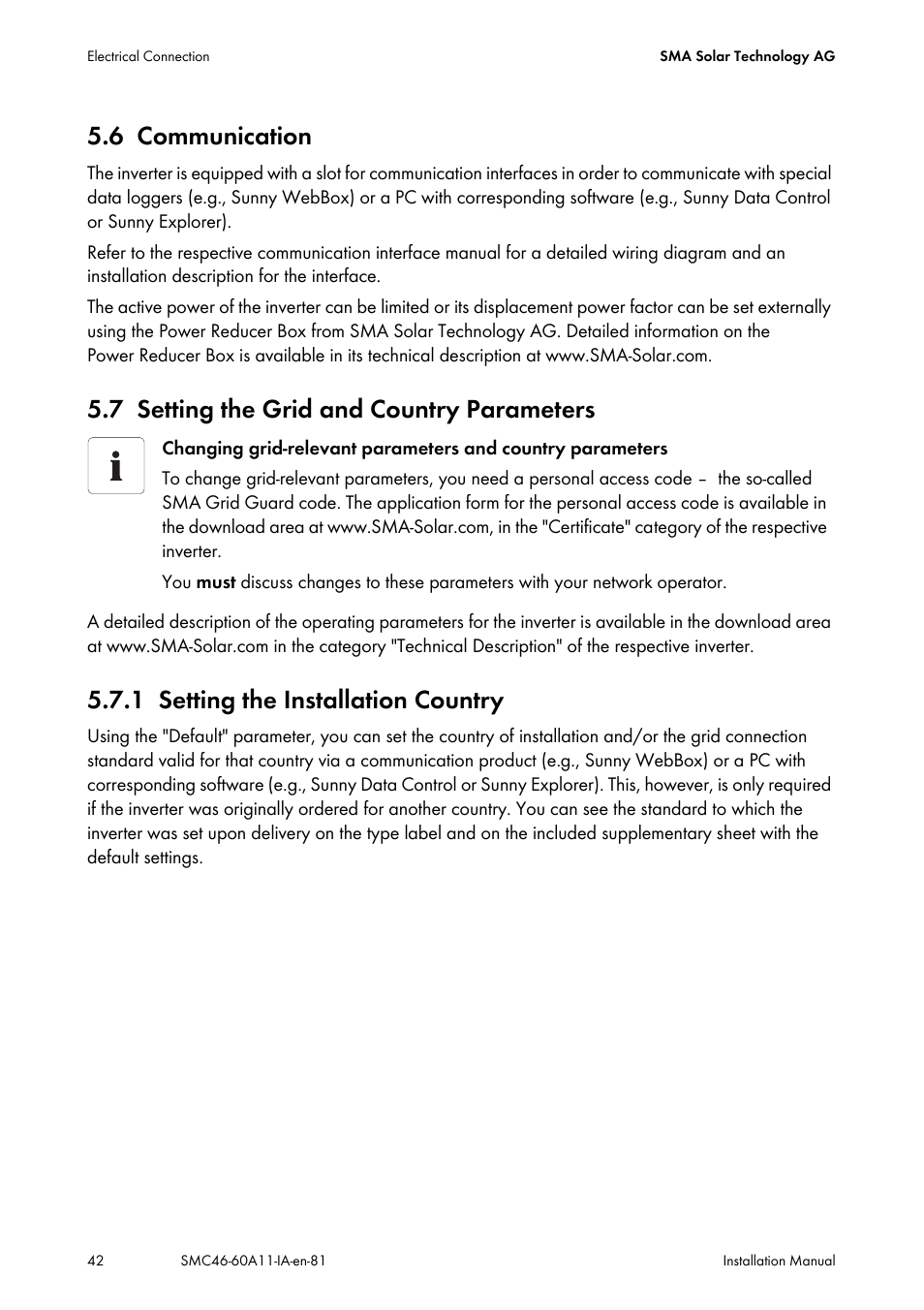 6 communication, 7 setting the grid and country parameters, 1 setting the installation country | Communication, Setting the grid and country parameters, Setting the installation country | SMA SMC 4600A Installation User Manual | Page 42 / 84