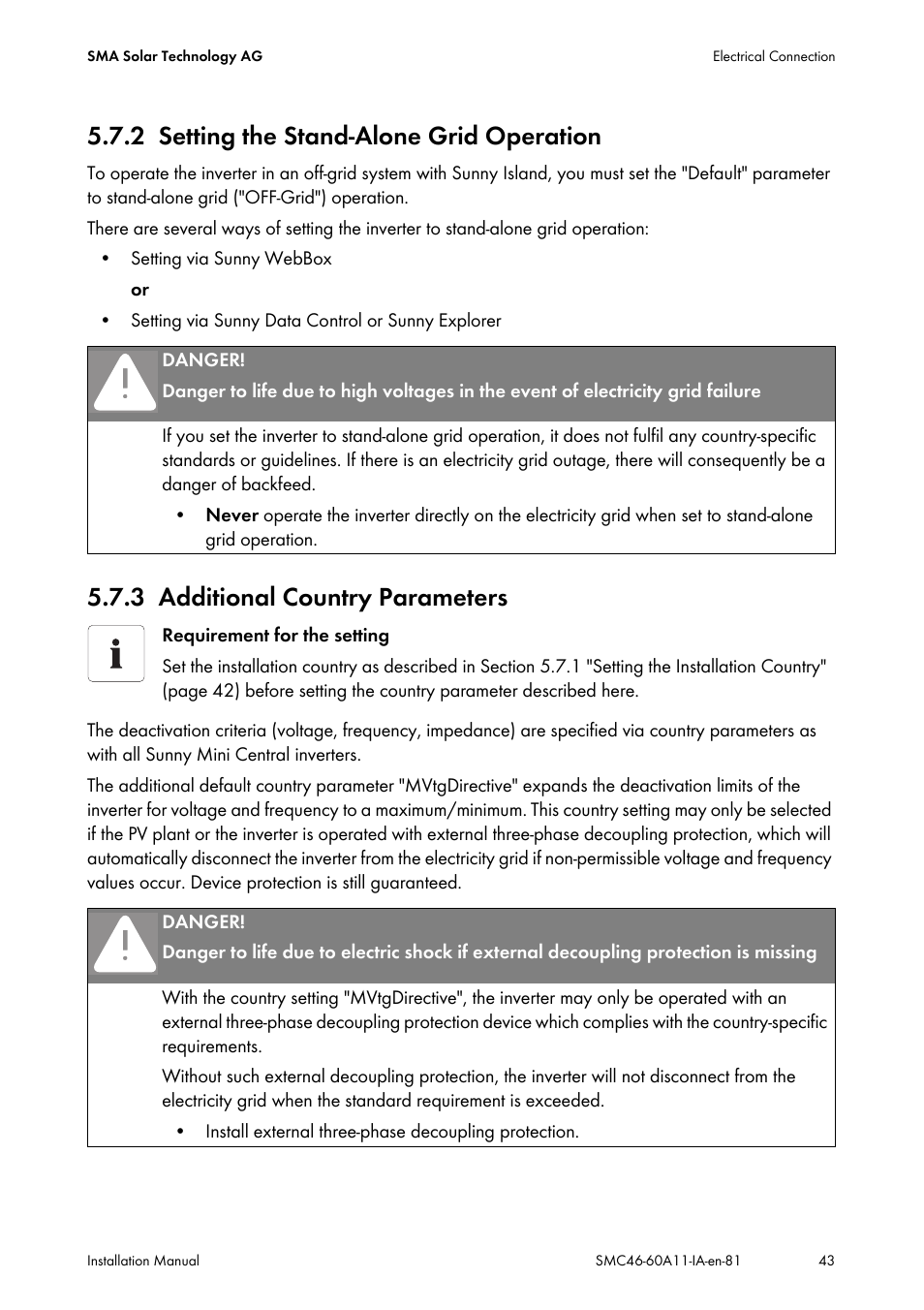 2 setting the stand-alone grid operation, 3 additional country parameters, Setting the stand-alone grid operation | Additional country parameters | SMA SMC 4600A Installation User Manual | Page 43 / 84