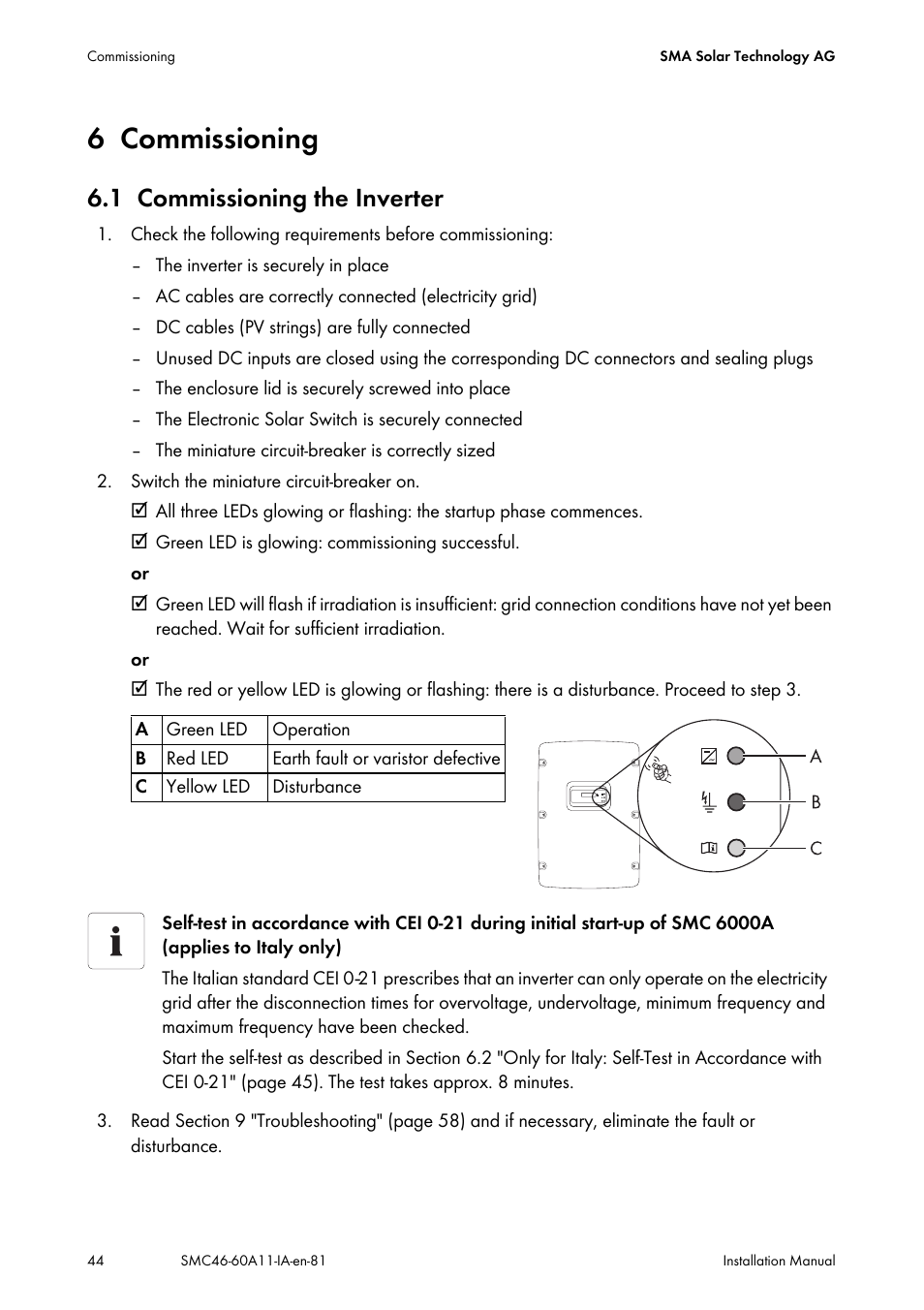 6 commissioning, 1 commissioning the inverter, Commissioning | Commissioning the inverter | SMA SMC 4600A Installation User Manual | Page 44 / 84