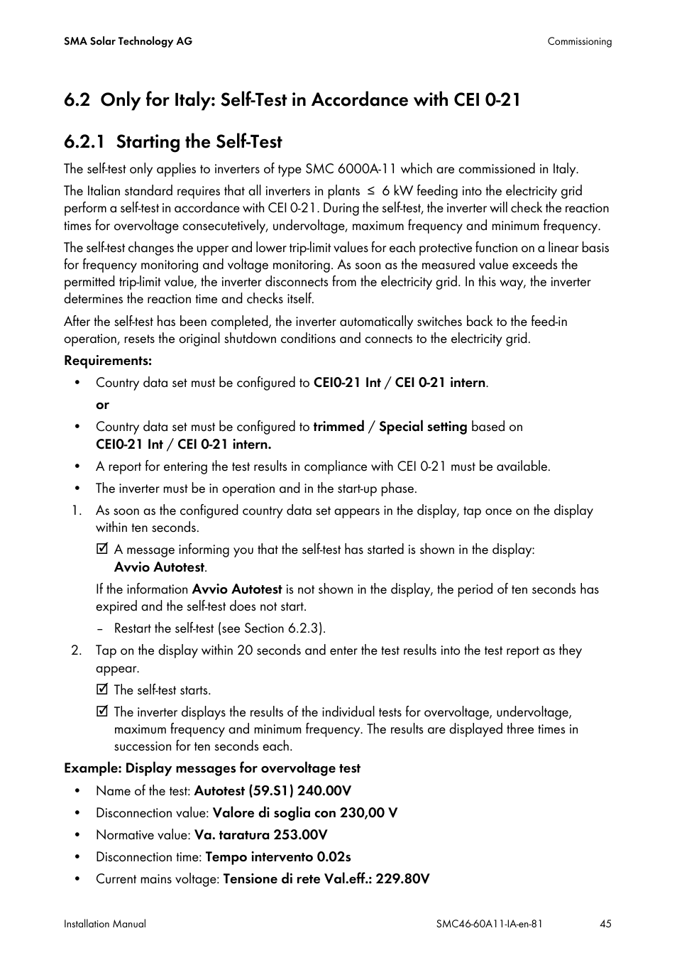 1 starting the self-test, Starting the self-test | SMA SMC 4600A Installation User Manual | Page 45 / 84