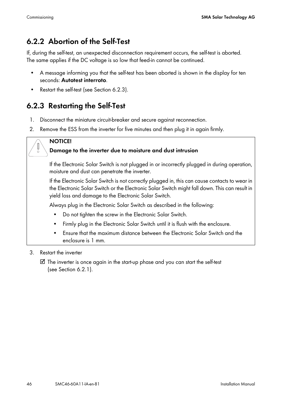 2 abortion of the self-test, 3 restarting the self-test, Abortion of the self-test | Restarting the self-test | SMA SMC 4600A Installation User Manual | Page 46 / 84