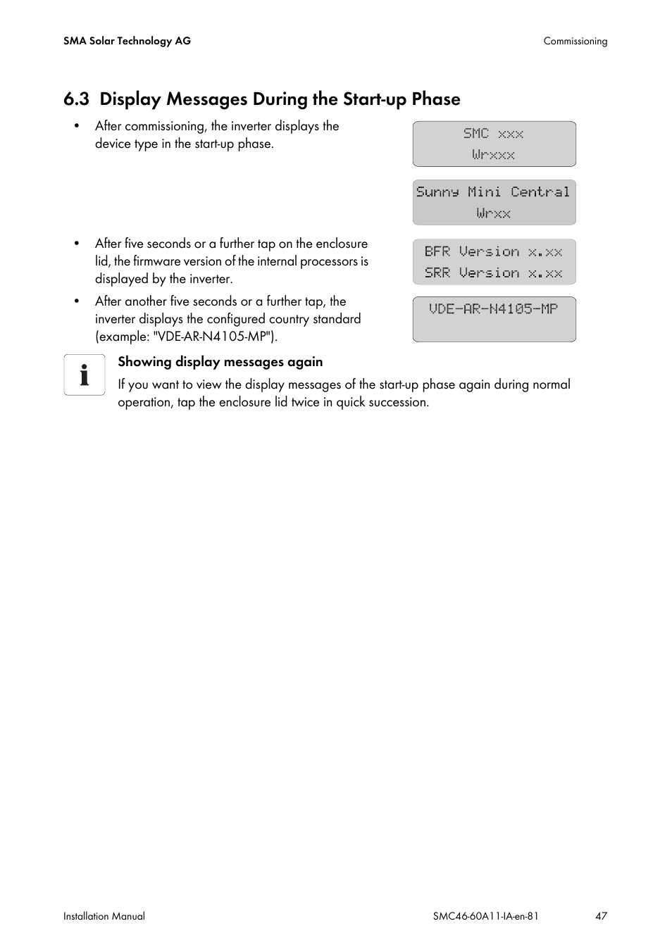 3 display messages during the start-up phase, Display messages during the start-up phase | SMA SMC 4600A Installation User Manual | Page 47 / 84