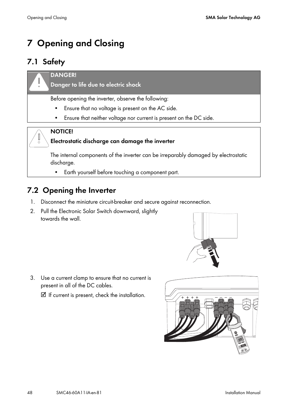 7 opening and closing, 1 safety, 2 opening the inverter | Opening and closing, Safety, Opening the inverter, 1 safety 7.2 opening the inverter | SMA SMC 4600A Installation User Manual | Page 48 / 84