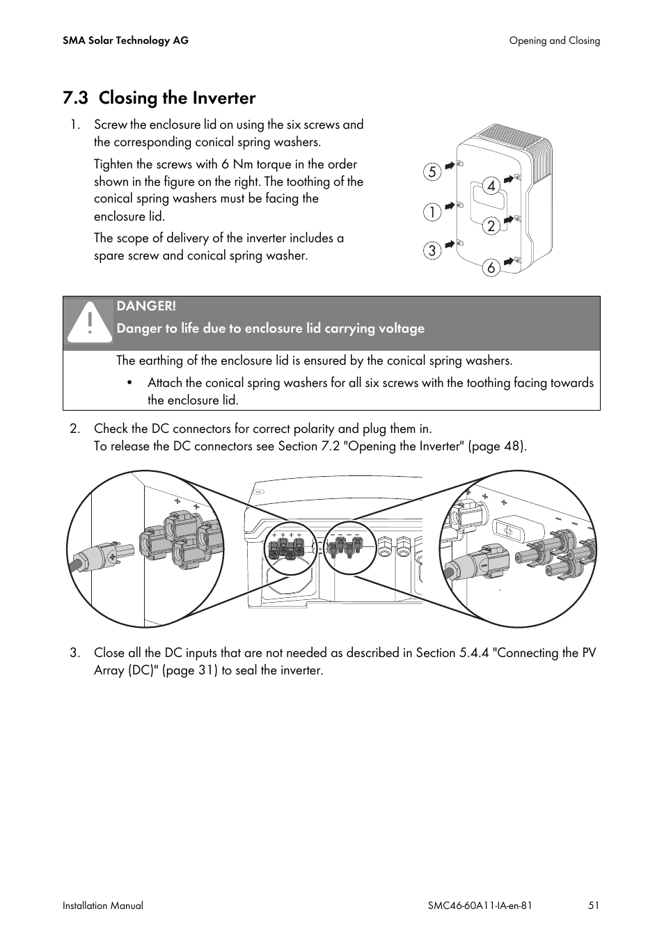 3 closing the inverter, Closing the inverter | SMA SMC 4600A Installation User Manual | Page 51 / 84