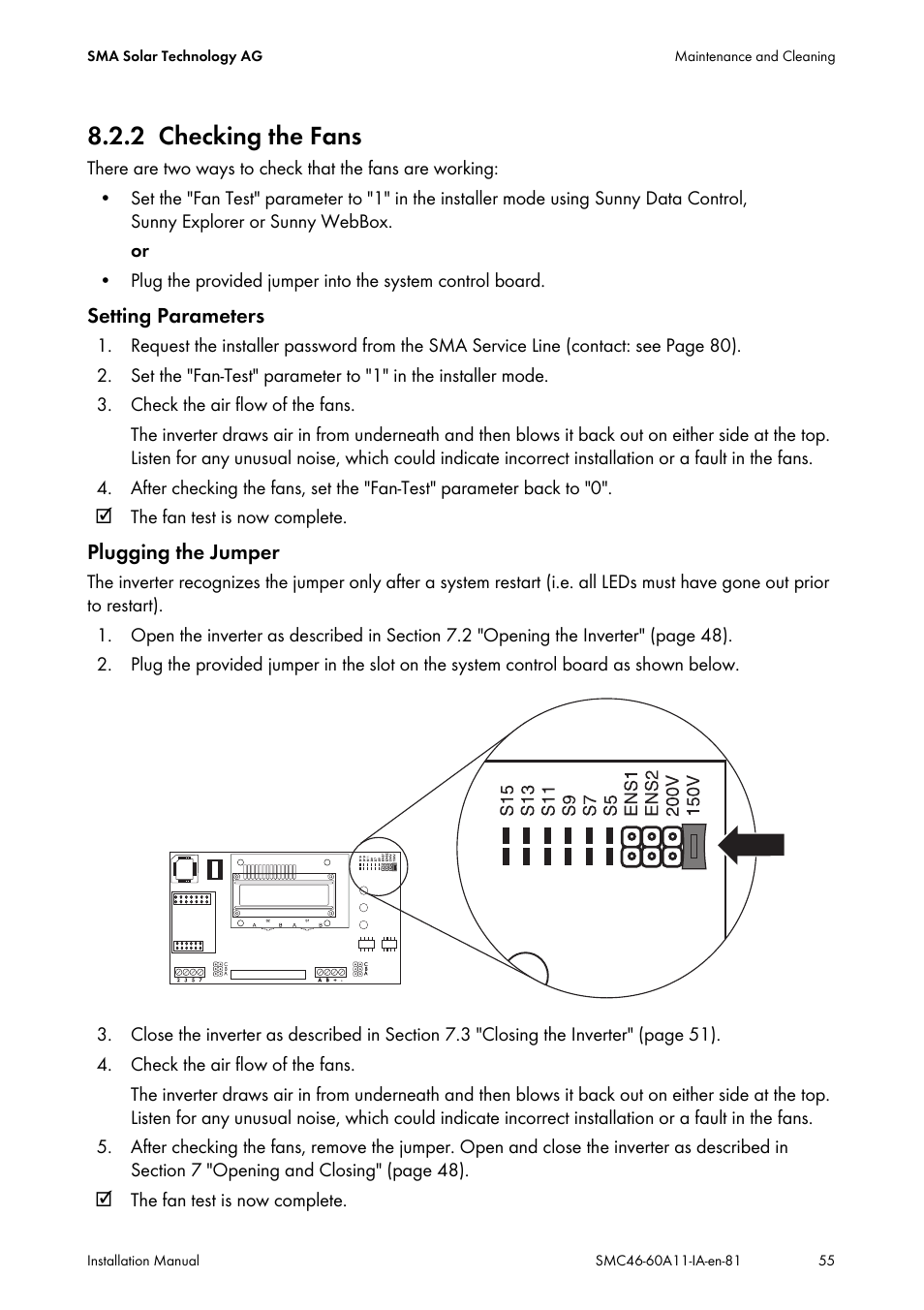 2 checking the fans, Checking the fans | SMA SMC 4600A Installation User Manual | Page 55 / 84