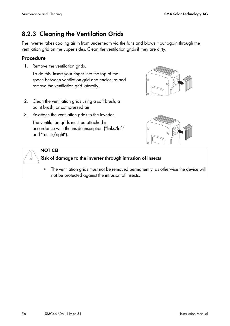 3 cleaning the ventilation grids, Cleaning the ventilation grids | SMA SMC 4600A Installation User Manual | Page 56 / 84