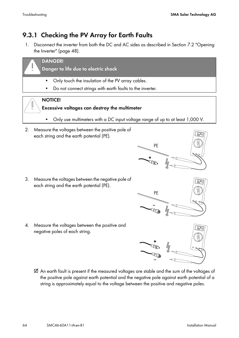 1 checking the pv array for earth faults, Checking the pv array for earth faults, N 9.3.1 "checking the pv array for | SMA SMC 4600A Installation User Manual | Page 64 / 84