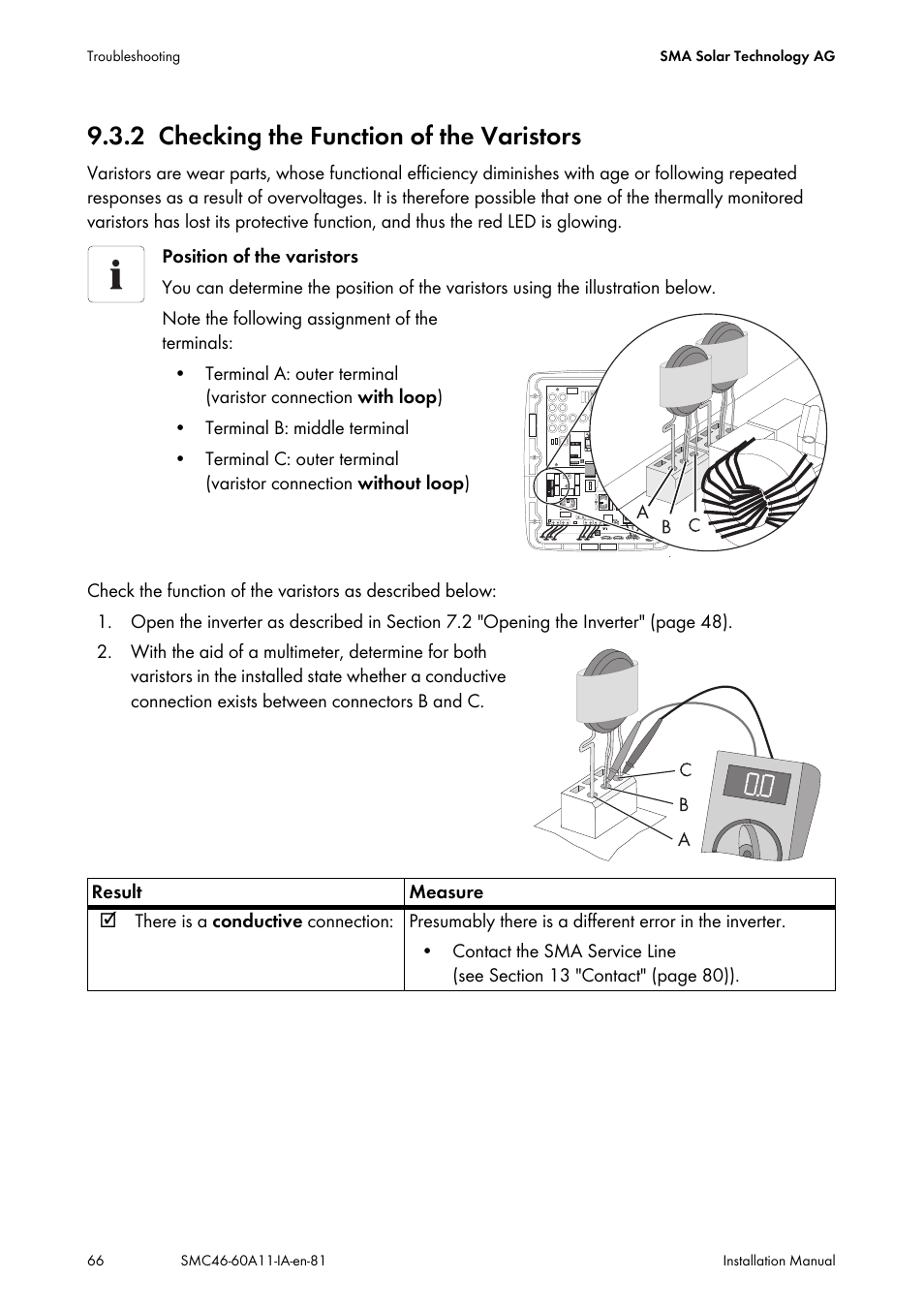 2 checking the function of the varistors, Checking the function of the varistors, Tion 9.3.2 | SMA SMC 4600A Installation User Manual | Page 66 / 84