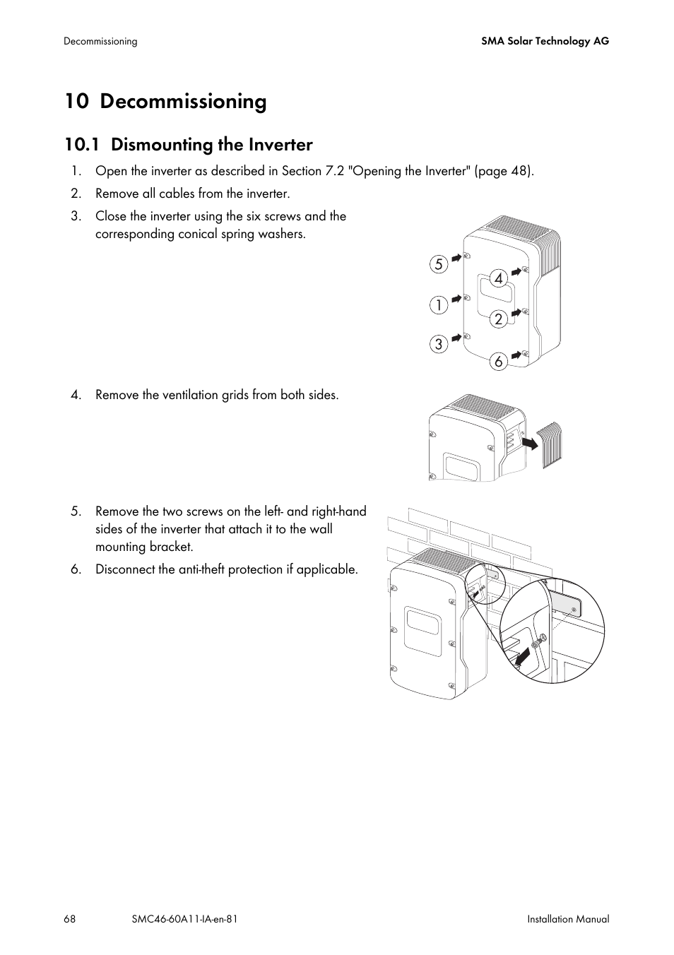 10 decommissioning, 1 dismounting the inverter, Decommissioning | Dismounting the inverter | SMA SMC 4600A Installation User Manual | Page 68 / 84