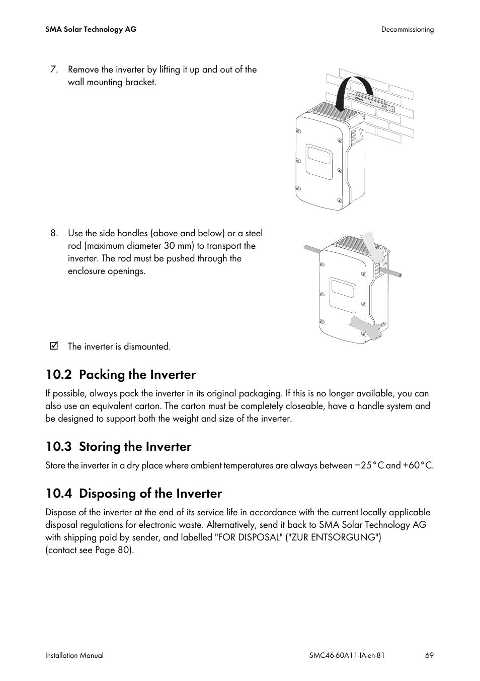 2 packing the inverter, 3 storing the inverter, 4 disposing of the inverter | Packing the inverter, Storing the inverter, Disposing of the inverter | SMA SMC 4600A Installation User Manual | Page 69 / 84