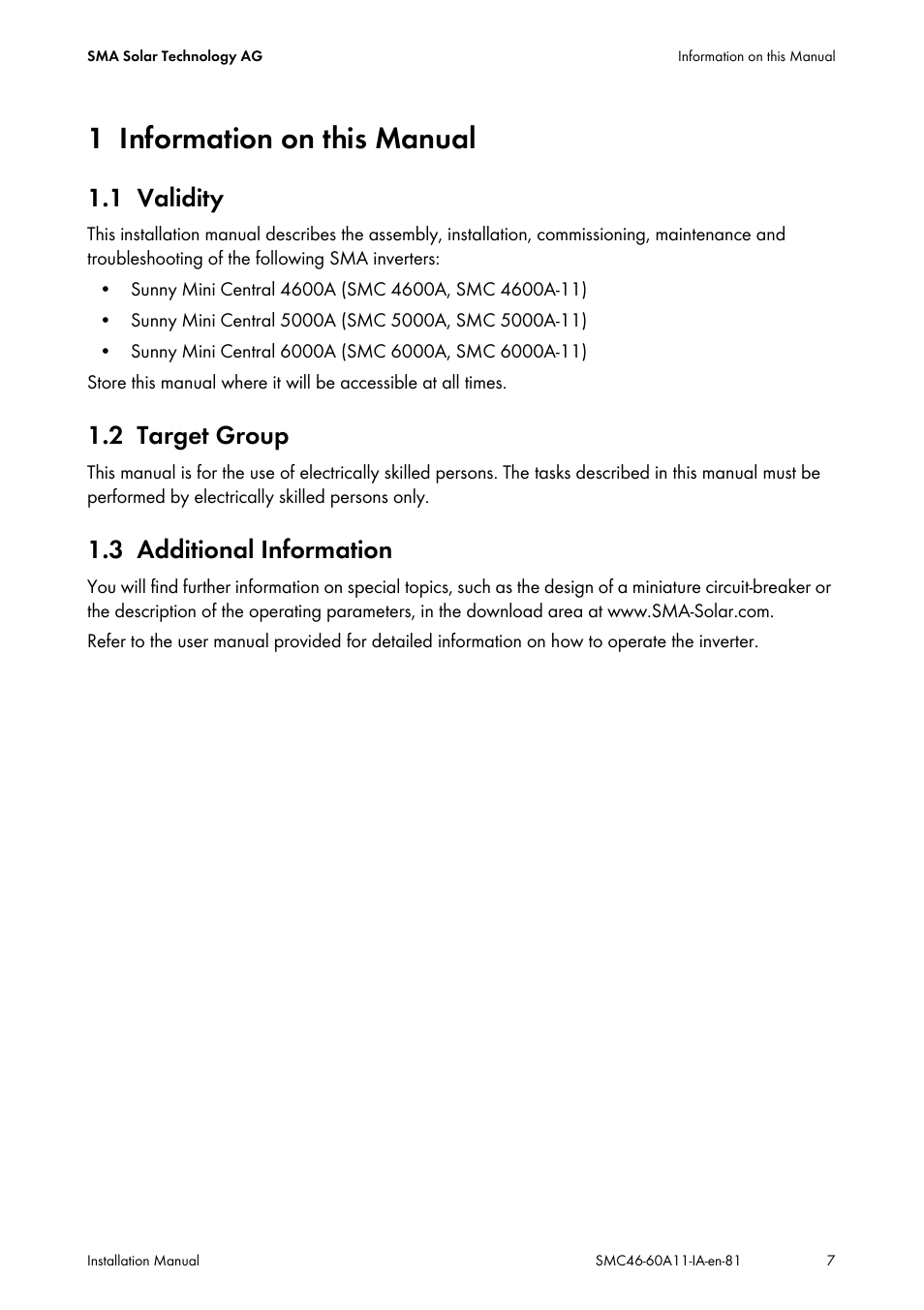 1 information on this manual, 1 validity, 2 target group | 3 additional information, Information on this manual, Validity, Target group, Additional information | SMA SMC 4600A Installation User Manual | Page 7 / 84