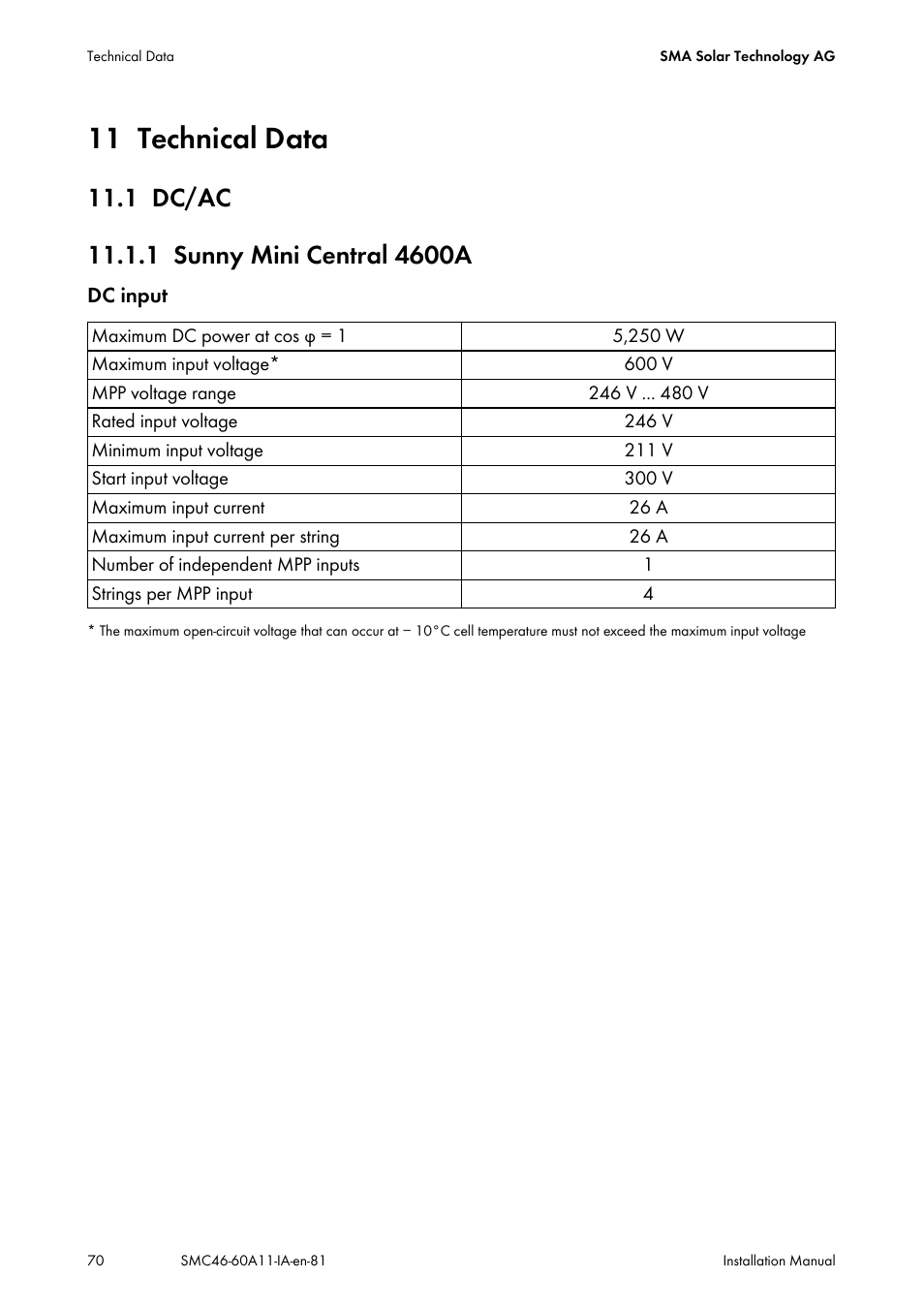 11 technical data, 1 dc/ac, 1 sunny mini central 4600a | Technical data, Dc/ac, Sunny mini central 4600a | SMA SMC 4600A Installation User Manual | Page 70 / 84