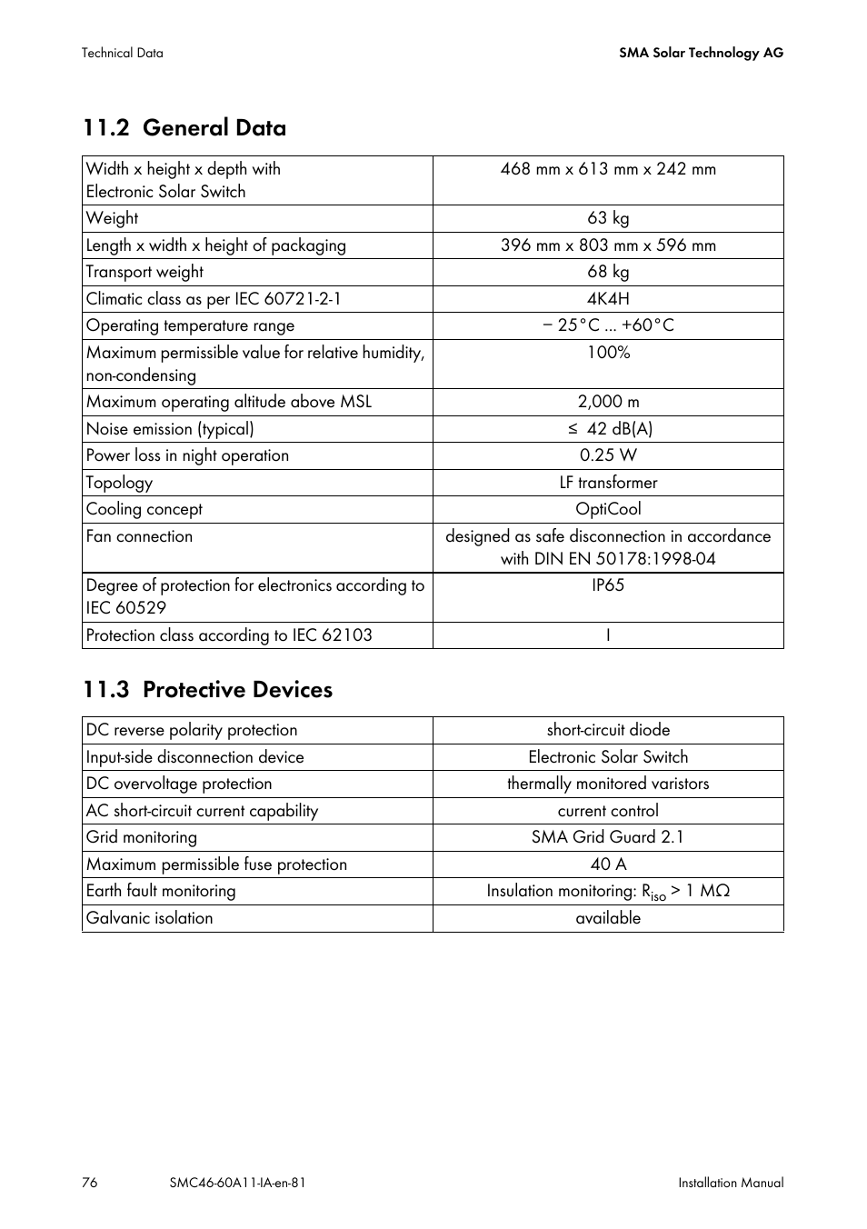 2 general data, 3 protective devices, General data | Protective devices, 2 general data 11.3 protective devices | SMA SMC 4600A Installation User Manual | Page 76 / 84