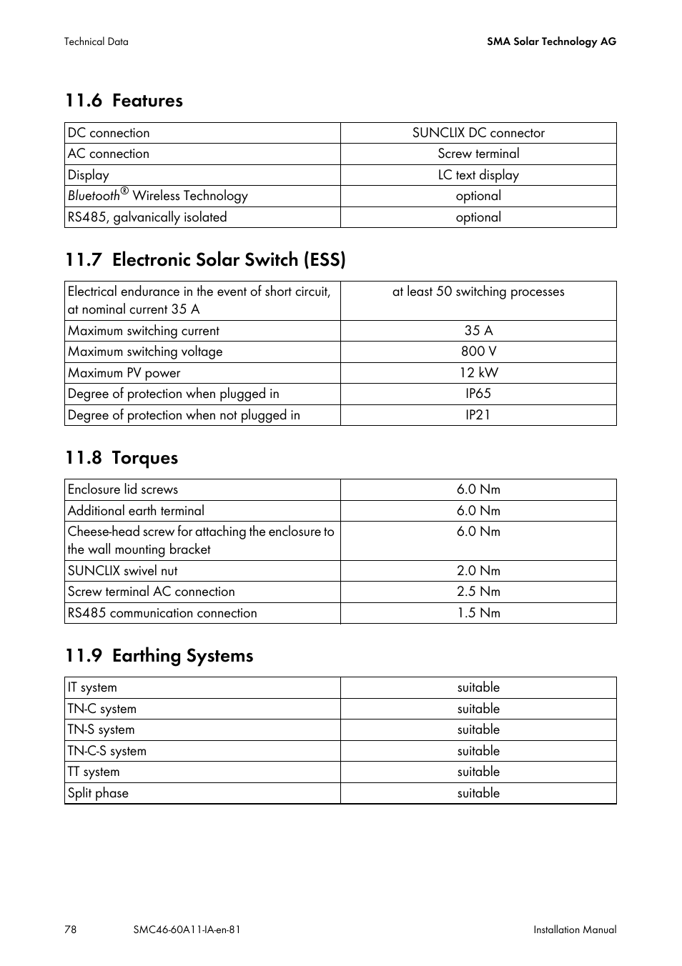 6 features, 7 electronic solar switch (ess), 8 torques | 9 earthing systems, Features, Electronic solar switch (ess), Torques, Earthing systems | SMA SMC 4600A Installation User Manual | Page 78 / 84