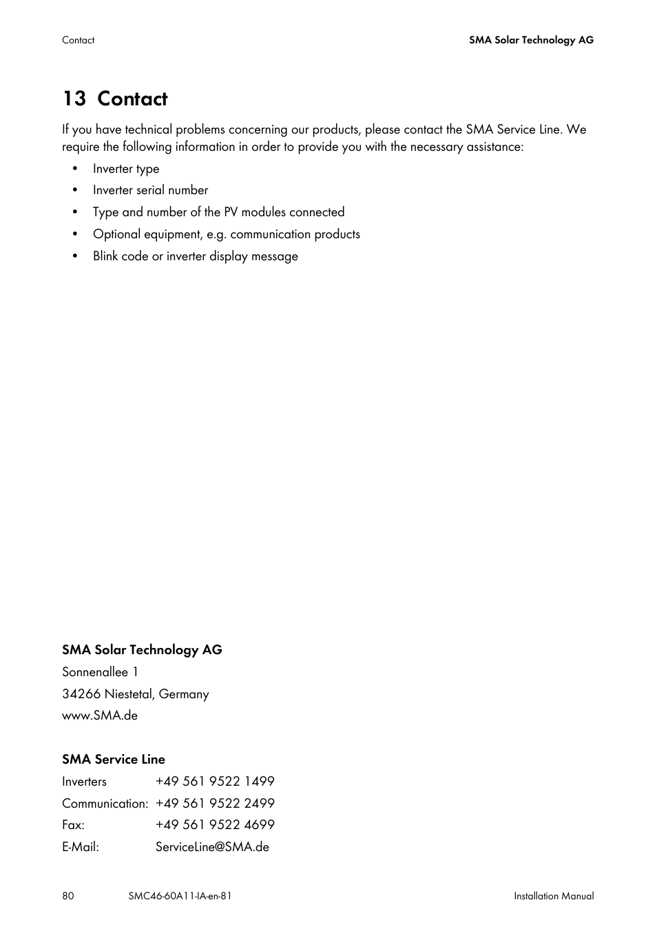 13 contact, Contact | SMA SMC 4600A Installation User Manual | Page 80 / 84