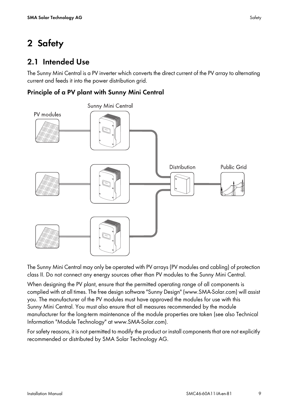 2 safety, 1 intended use, Safety | Intended use | SMA SMC 4600A Installation User Manual | Page 9 / 84