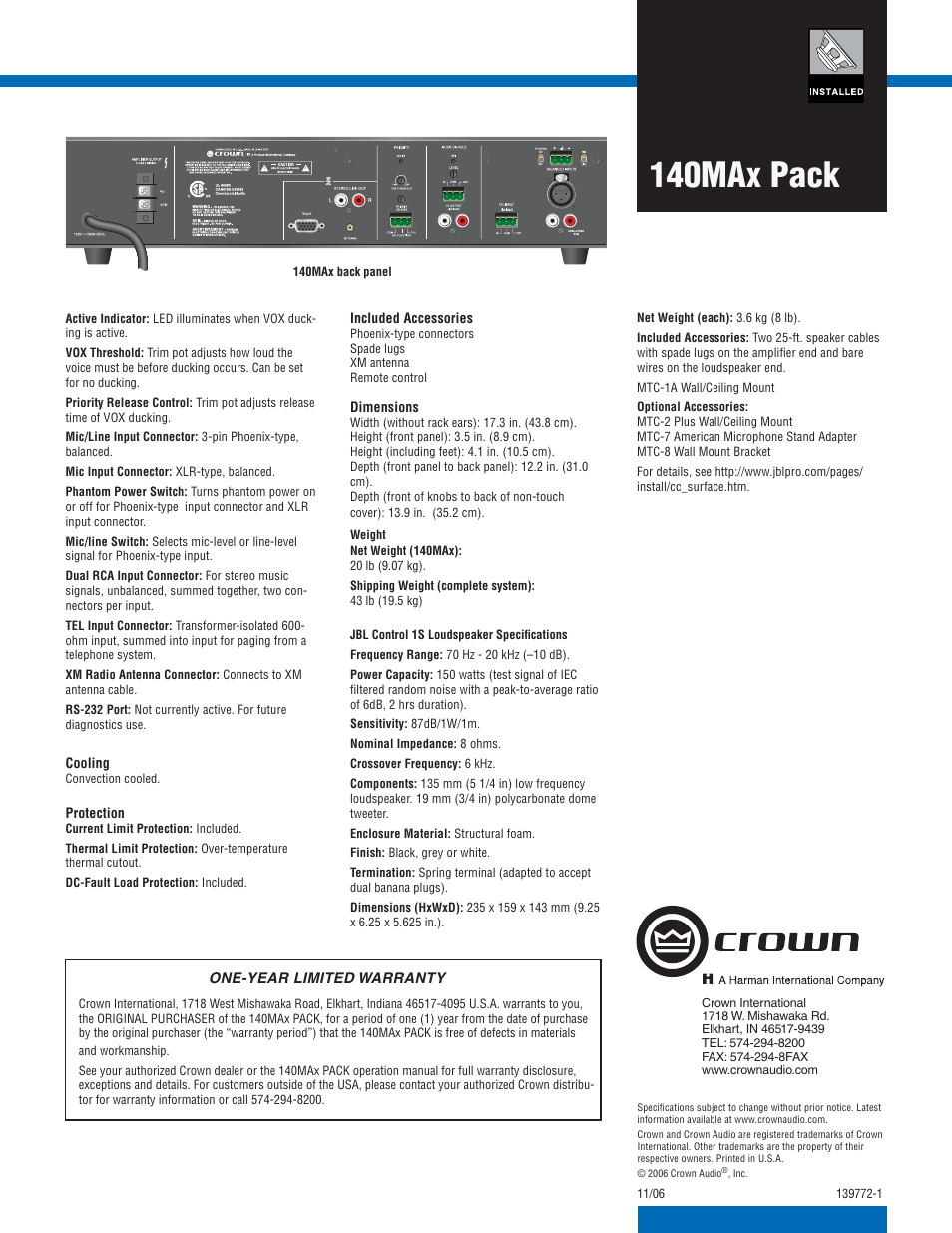 140max pack | Crown Audio 140MAx User Manual | Page 2 / 2
