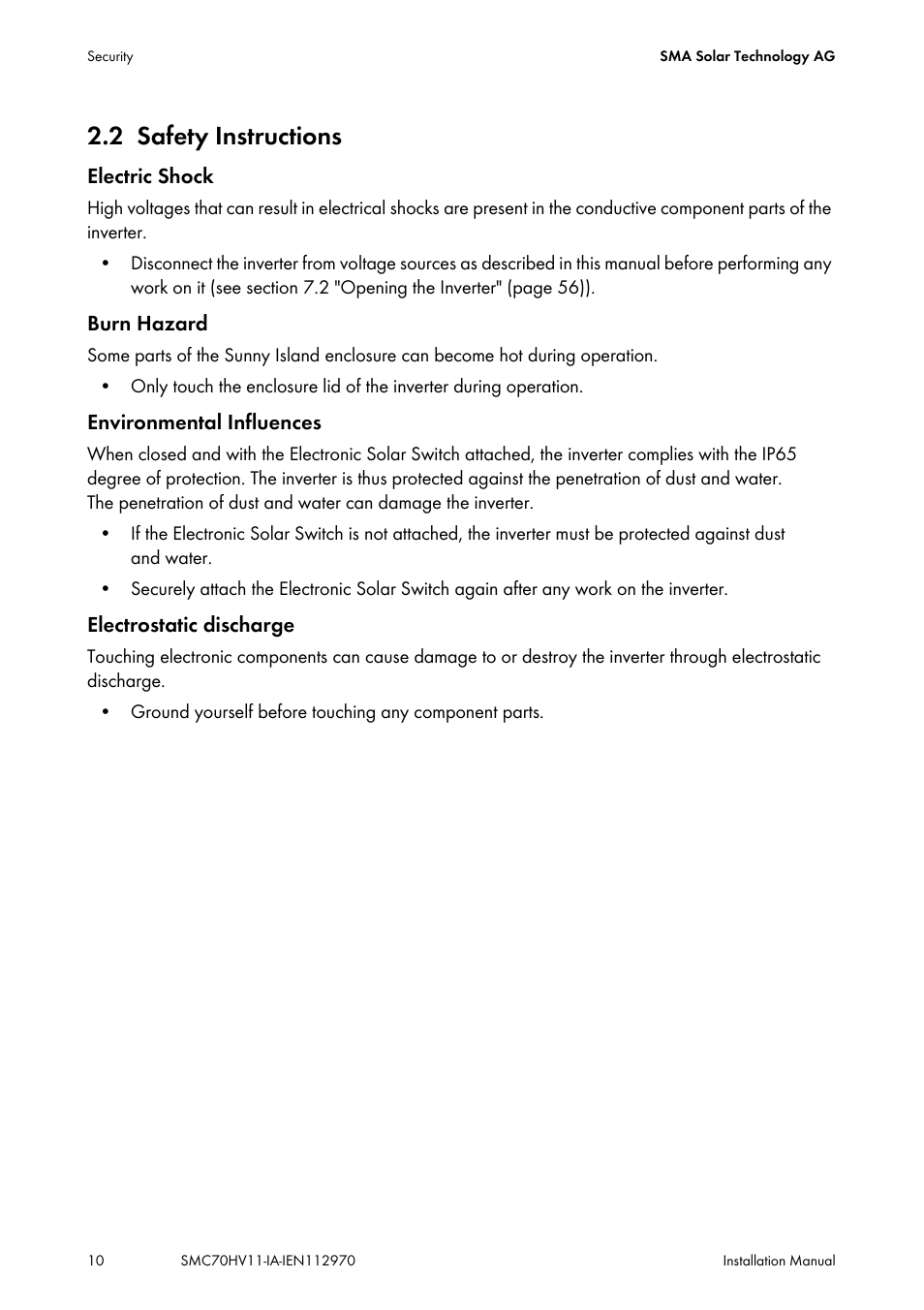 2 safety instructions, Safety instructions | SMA SMC 7000HV Installation User Manual | Page 10 / 88