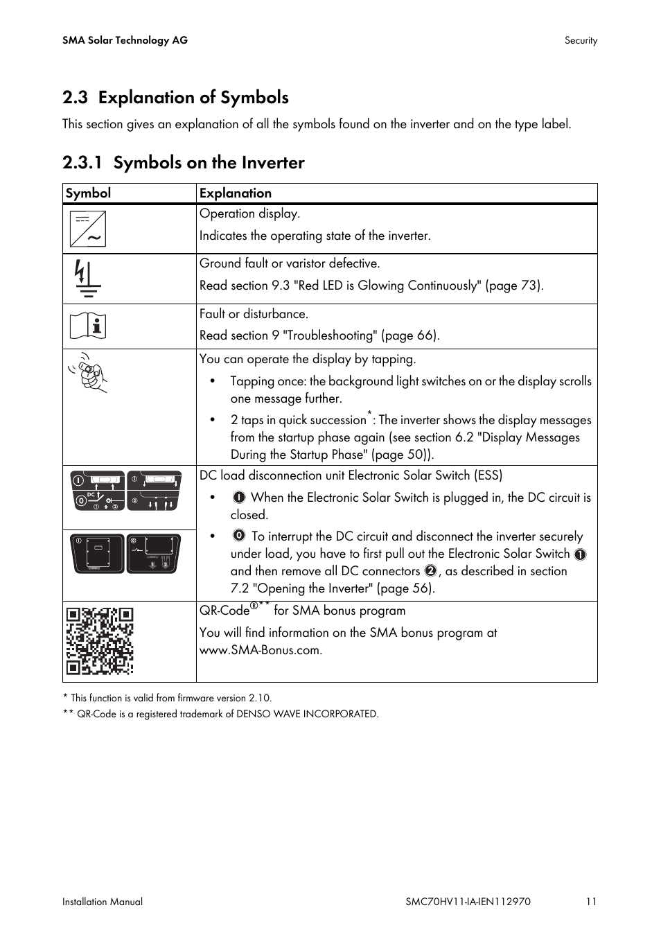 3 explanation of symbols, 1 symbols on the inverter, Explanation of symbols | Symbols on the inverter | SMA SMC 7000HV Installation User Manual | Page 11 / 88