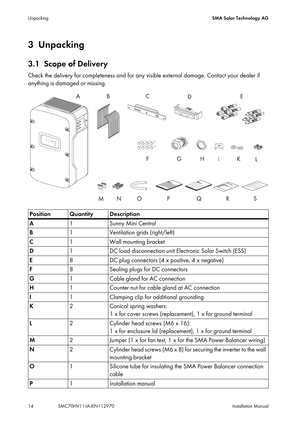 3 unpacking, 1 scope of delivery, Unpacking | Scope of delivery | SMA SMC 7000HV Installation User Manual | Page 14 / 88