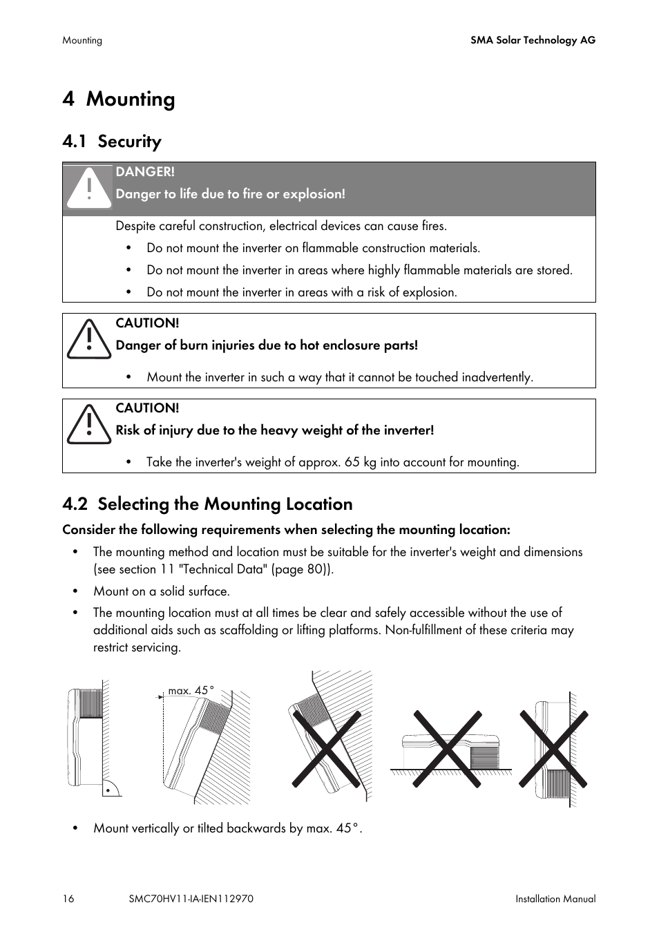 4 mounting, 1 security, 2 selecting the mounting location | Mounting, Security, Selecting the mounting location, 1 security 4.2 selecting the mounting location | SMA SMC 7000HV Installation User Manual | Page 16 / 88