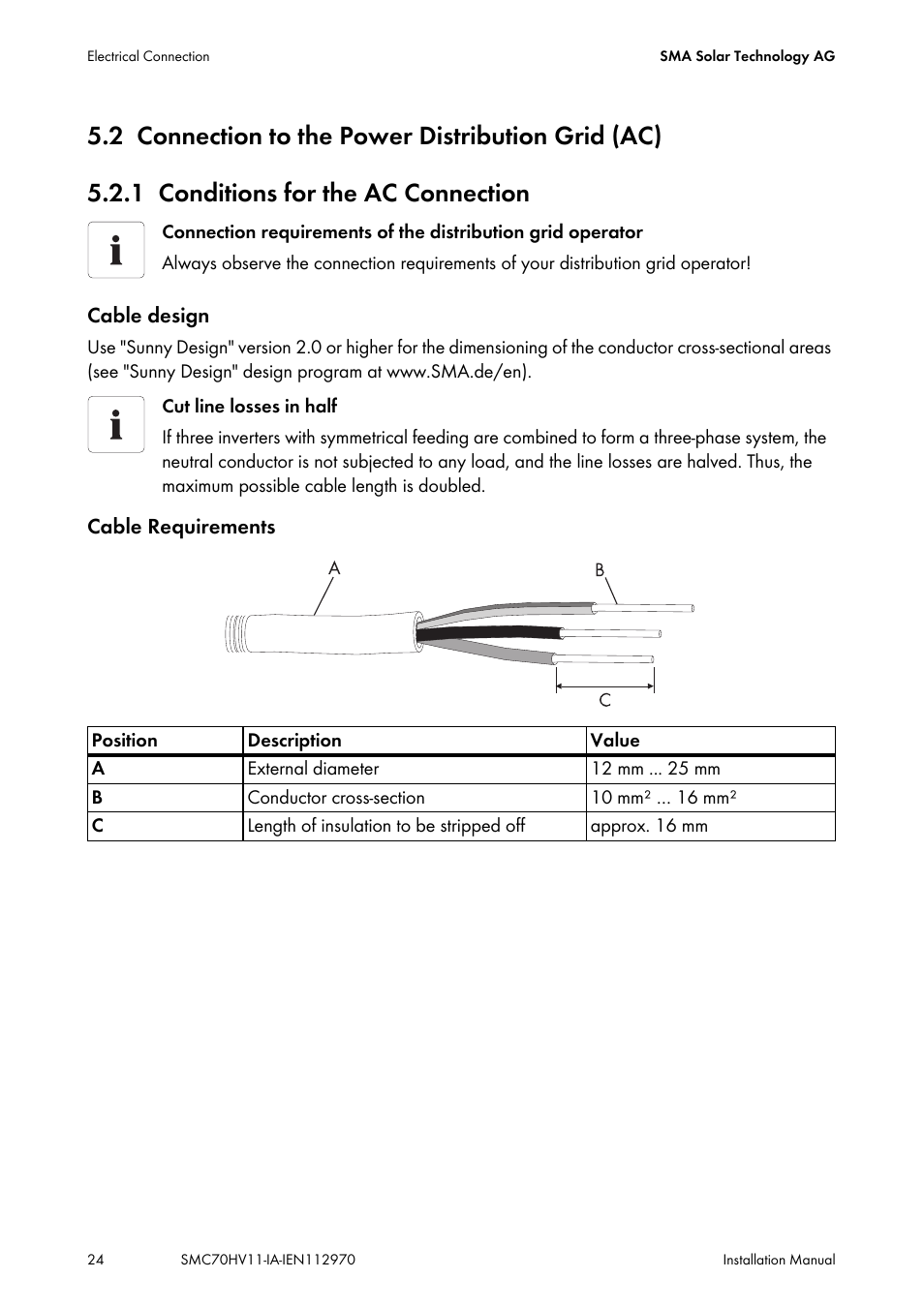 2 connection to the power distribution grid (ac), 1 conditions for the ac connection, Connection to the power distribution grid (ac) | Conditions for the ac connection | SMA SMC 7000HV Installation User Manual | Page 24 / 88
