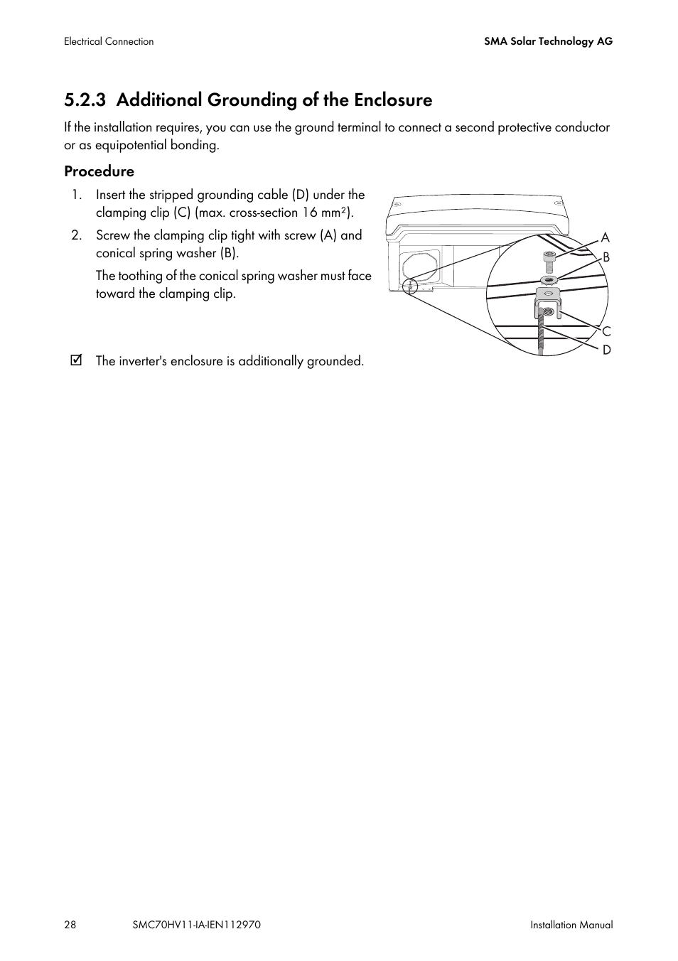 3 additional grounding of the enclosure, Additional grounding of the enclosure | SMA SMC 7000HV Installation User Manual | Page 28 / 88