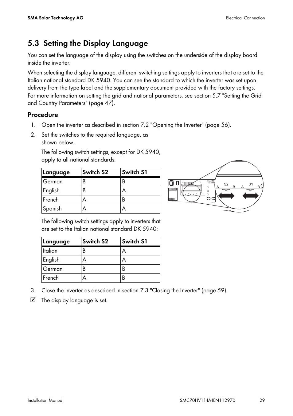 3 setting the display language, Setting the display language | SMA SMC 7000HV Installation User Manual | Page 29 / 88