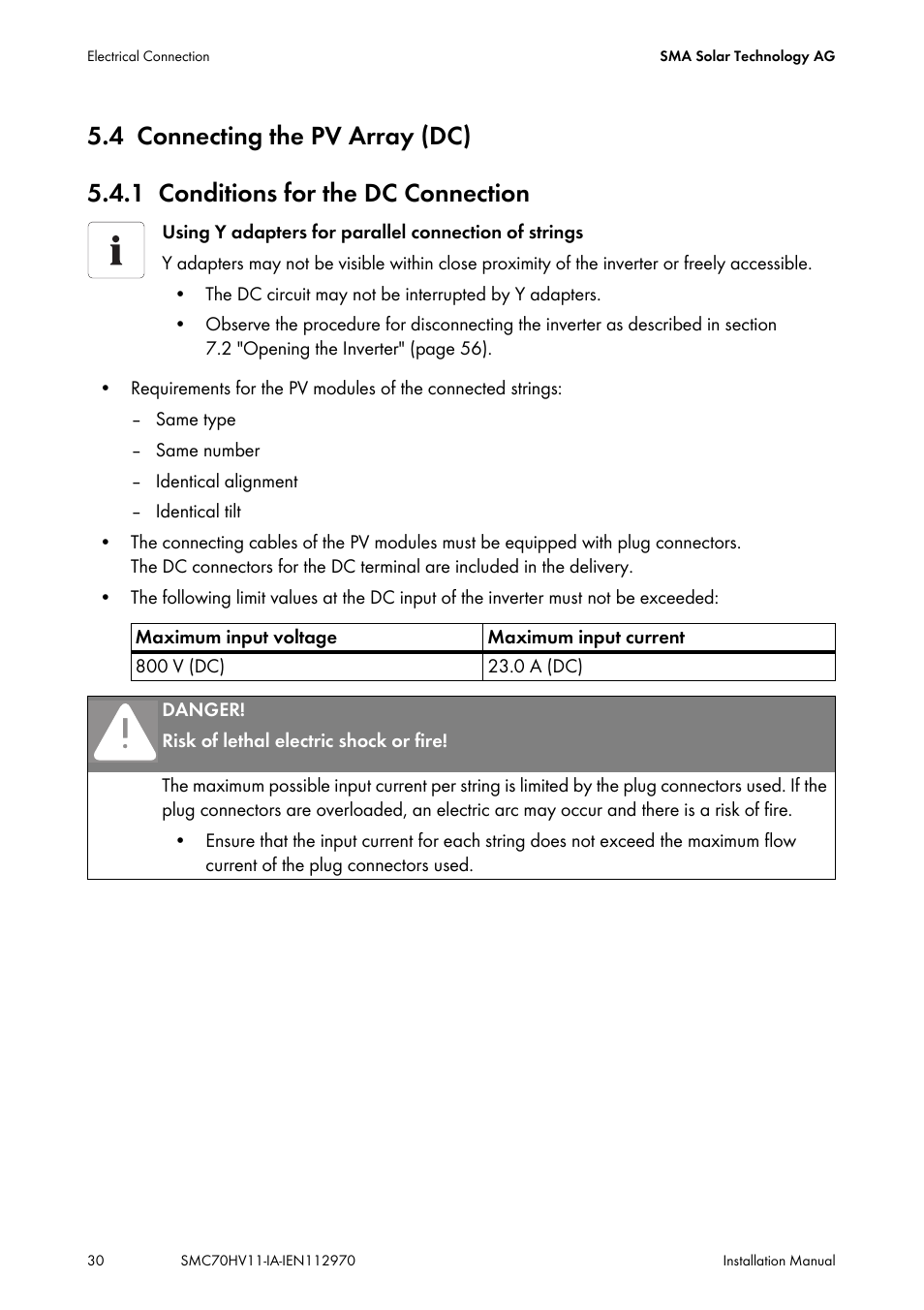 4 connecting the pv array (dc), 1 conditions for the dc connection, Connecting the pv array (dc) | Conditions for the dc connection | SMA SMC 7000HV Installation User Manual | Page 30 / 88