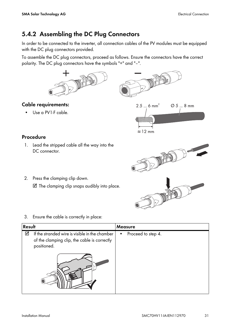 2 assembling the dc plug connectors, Assembling the dc plug connectors | SMA SMC 7000HV Installation User Manual | Page 31 / 88