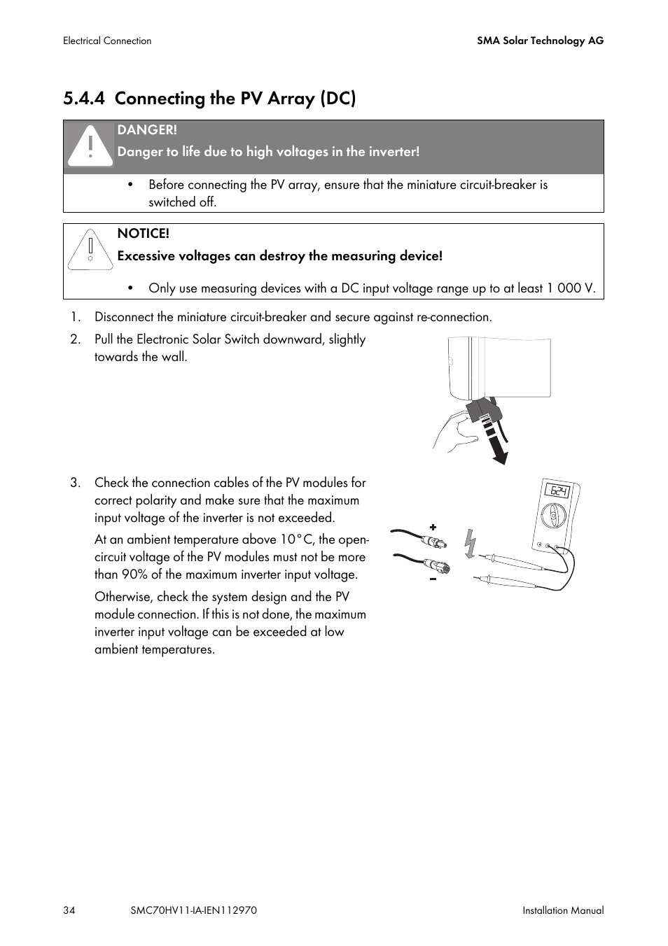 4 connecting the pv array (dc), Connecting the pv array (dc) | SMA SMC 7000HV Installation User Manual | Page 34 / 88