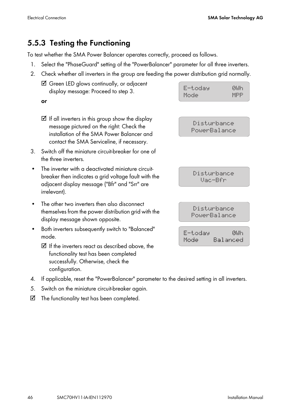 3 testing the functioning, Testing the functioning | SMA SMC 7000HV Installation User Manual | Page 46 / 88