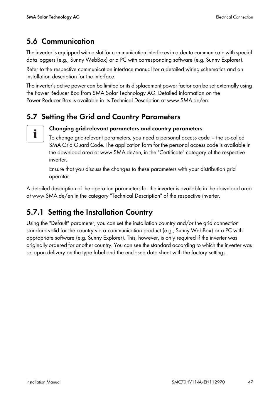 6 communication, 7 setting the grid and country parameters, 1 setting the installation country | Communication, Setting the grid and country parameters, Setting the installation country | SMA SMC 7000HV Installation User Manual | Page 47 / 88