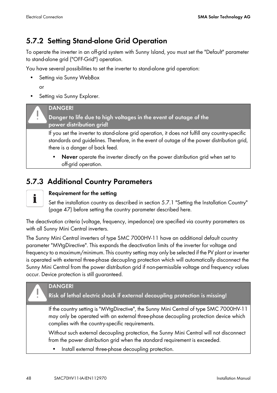 2 setting stand-alone grid operation, 3 additional country parameters, Setting stand-alone grid operation | Additional country parameters | SMA SMC 7000HV Installation User Manual | Page 48 / 88