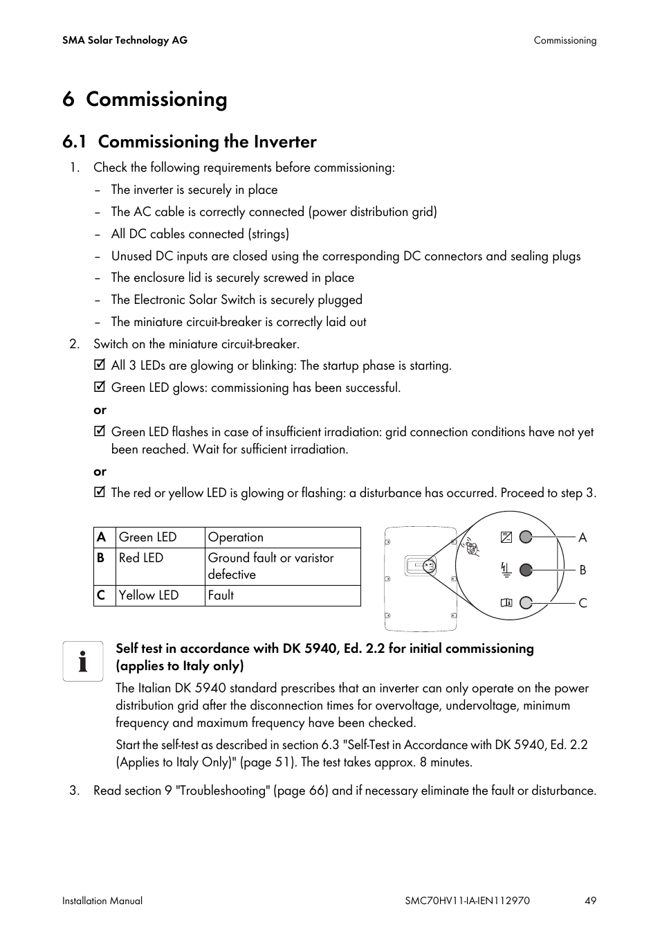 6 commissioning, 1 commissioning the inverter, Commissioning | Commissioning the inverter | SMA SMC 7000HV Installation User Manual | Page 49 / 88