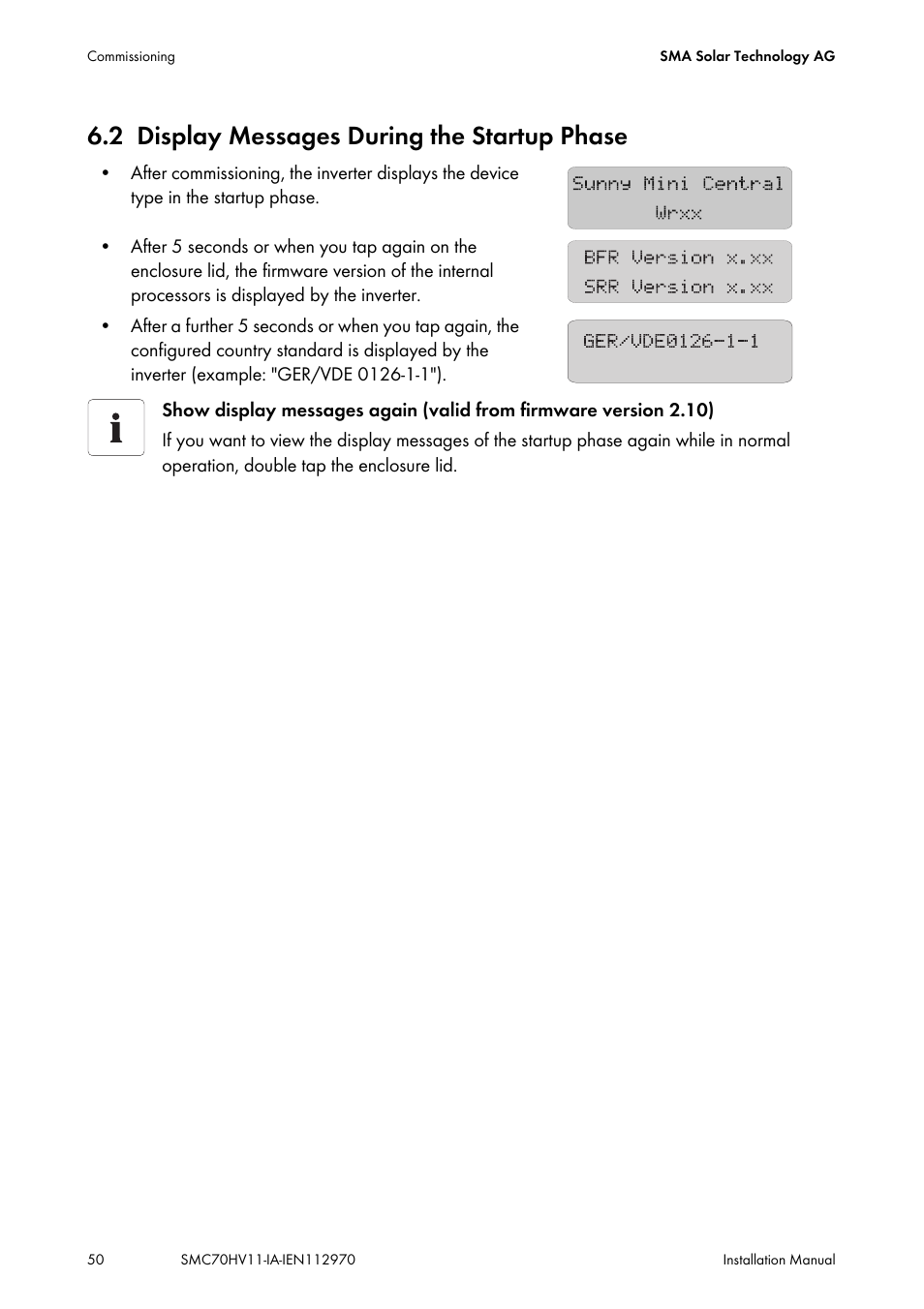 2 display messages during the startup phase, Display messages during the startup phase | SMA SMC 7000HV Installation User Manual | Page 50 / 88