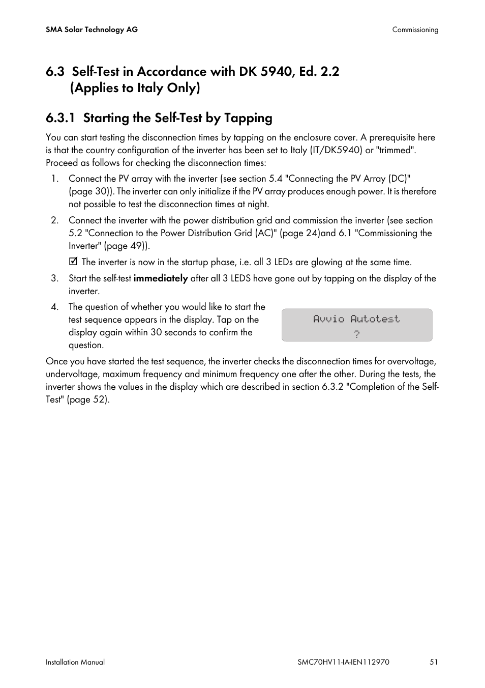 1 starting the self-test by tapping, Self-test in accordance with dk 5940, ed. 2.2, Applies to italy only) | Starting the self-test by tapping | SMA SMC 7000HV Installation User Manual | Page 51 / 88