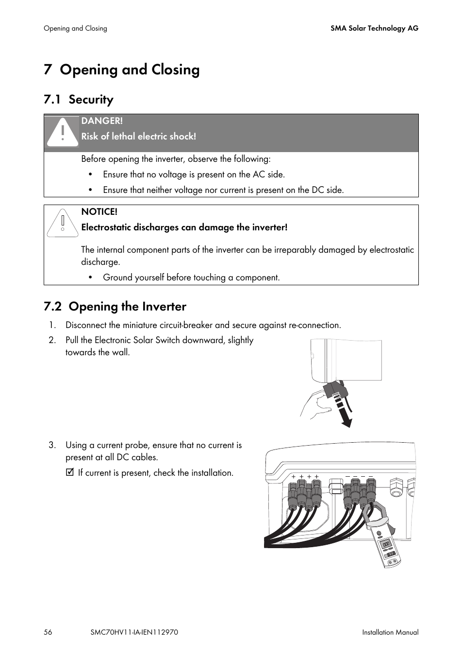 7 opening and closing, 1 security, 2 opening the inverter | Opening and closing, Security, Opening the inverter, 1 security 7.2 opening the inverter | SMA SMC 7000HV Installation User Manual | Page 56 / 88