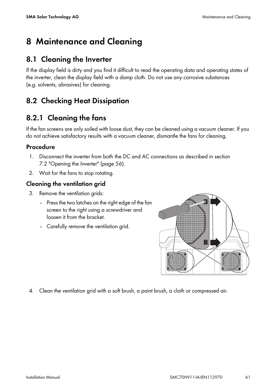 8 maintenance and cleaning, 1 cleaning the inverter, 2 checking heat dissipation | 1 cleaning the fans, Maintenance and cleaning, Cleaning the inverter, Checking heat dissipation, Cleaning the fans | SMA SMC 7000HV Installation User Manual | Page 61 / 88