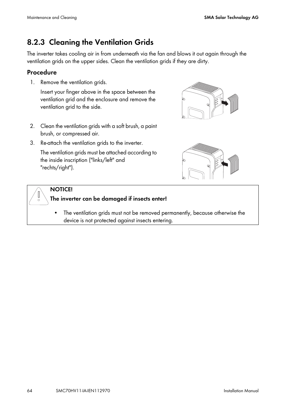 3 cleaning the ventilation grids, Cleaning the ventilation grids | SMA SMC 7000HV Installation User Manual | Page 64 / 88
