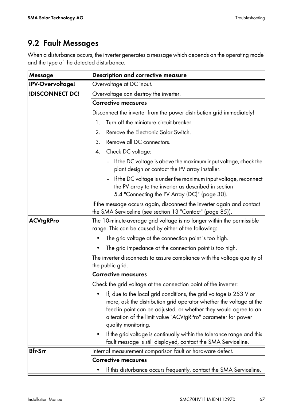 2 fault messages, Fault messages | SMA SMC 7000HV Installation User Manual | Page 67 / 88