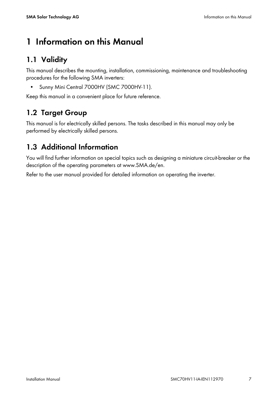 1 information on this manual, 1 validity, 2 target group | 3 additional information, Information on this manual, Validity, Target group, Additional information | SMA SMC 7000HV Installation User Manual | Page 7 / 88