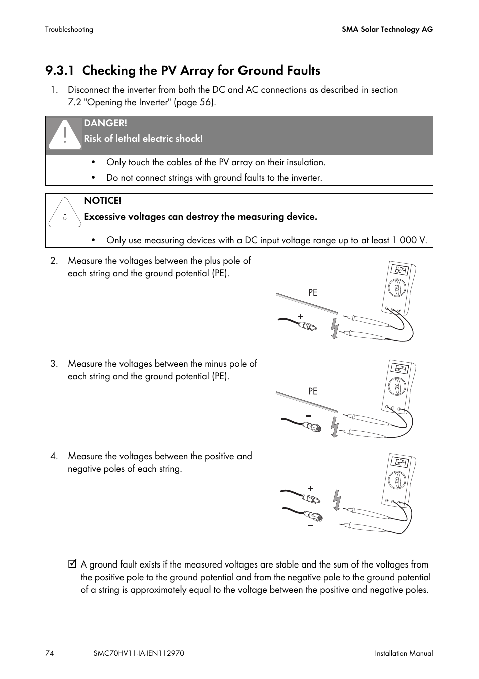 1 checking the pv array for ground faults, Checking the pv array for ground faults, On 9.3.1 "checking the pv array | SMA SMC 7000HV Installation User Manual | Page 74 / 88