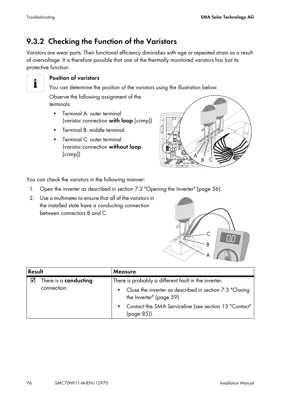 2 checking the function of the varistors, Checking the function of the varistors, On 9.3.2 "checking the | SMA SMC 7000HV Installation User Manual | Page 76 / 88