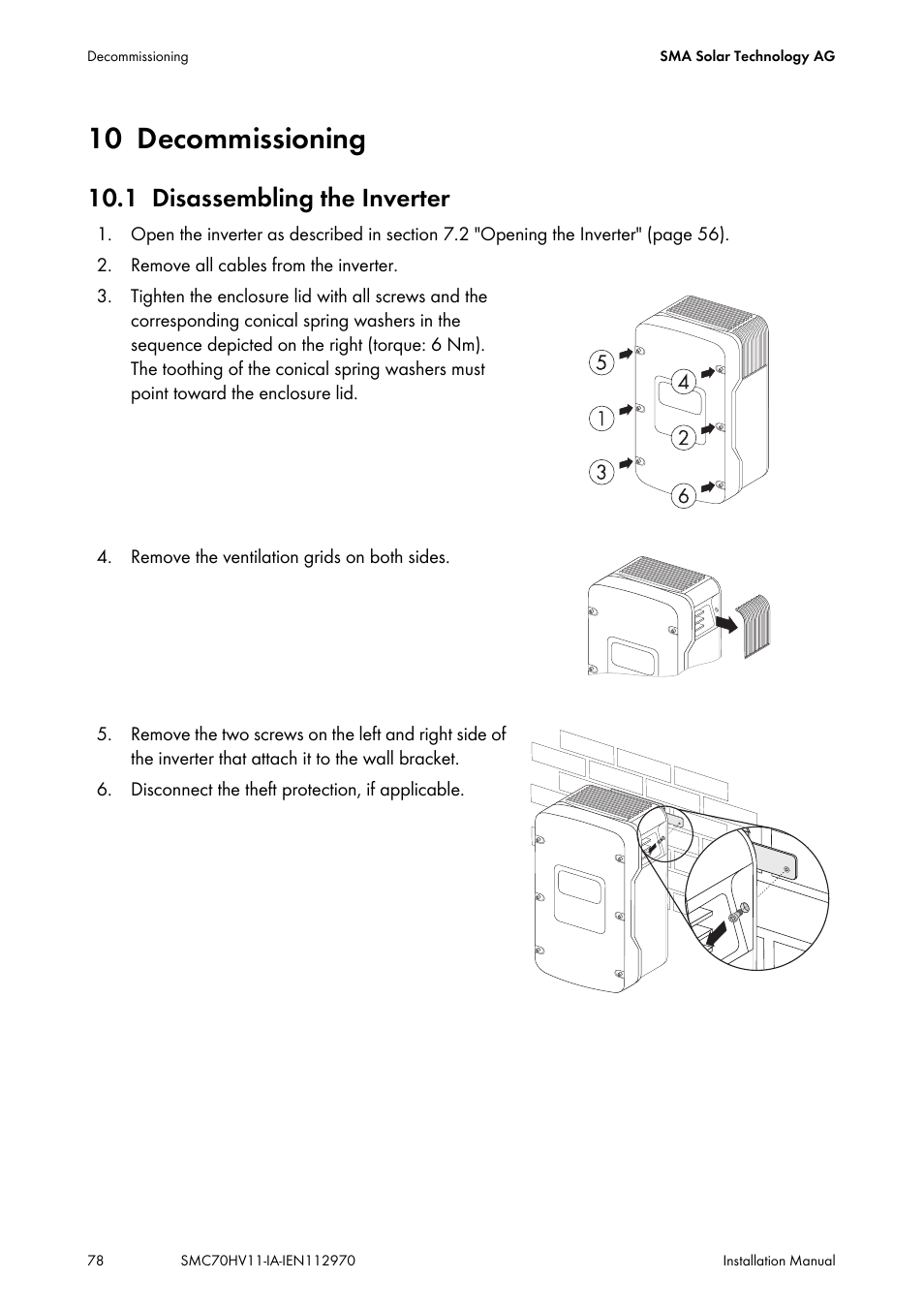 10 decommissioning, 1 disassembling the inverter, Decommissioning | Disassembling the inverter | SMA SMC 7000HV Installation User Manual | Page 78 / 88