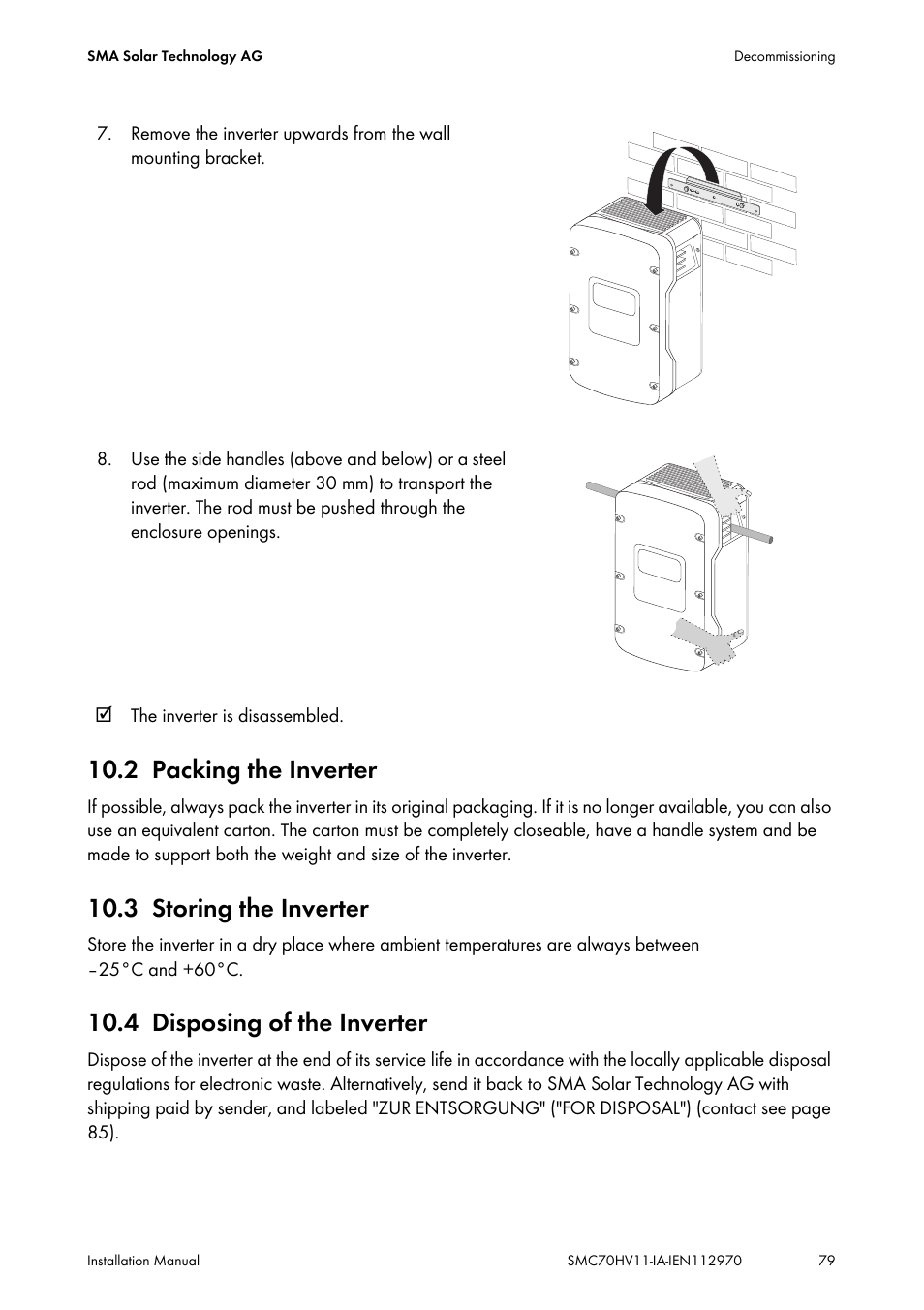 2 packing the inverter, 3 storing the inverter, 4 disposing of the inverter | Packing the inverter, Storing the inverter, Disposing of the inverter | SMA SMC 7000HV Installation User Manual | Page 79 / 88