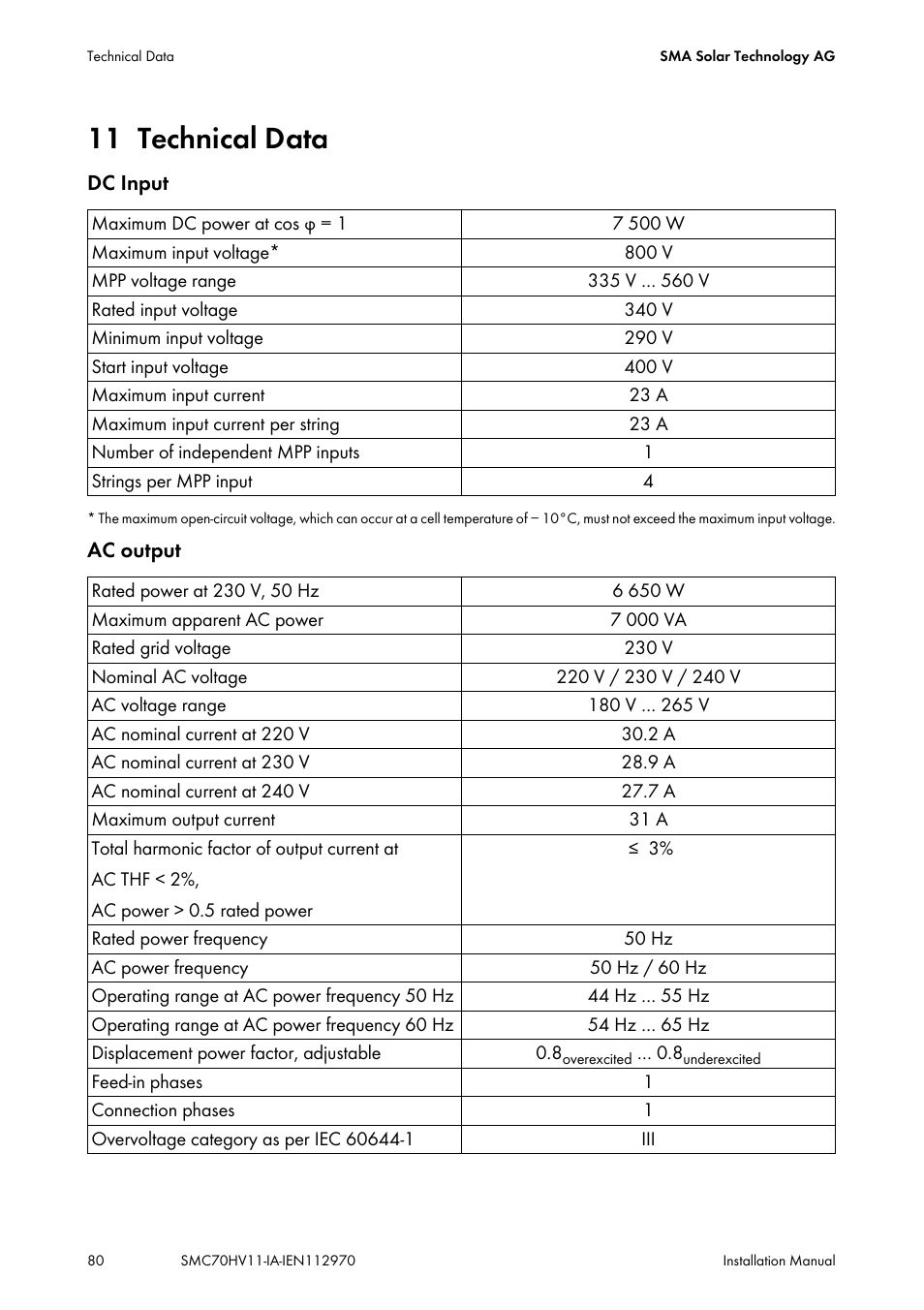 11 technical data, Technical data | SMA SMC 7000HV Installation User Manual | Page 80 / 88