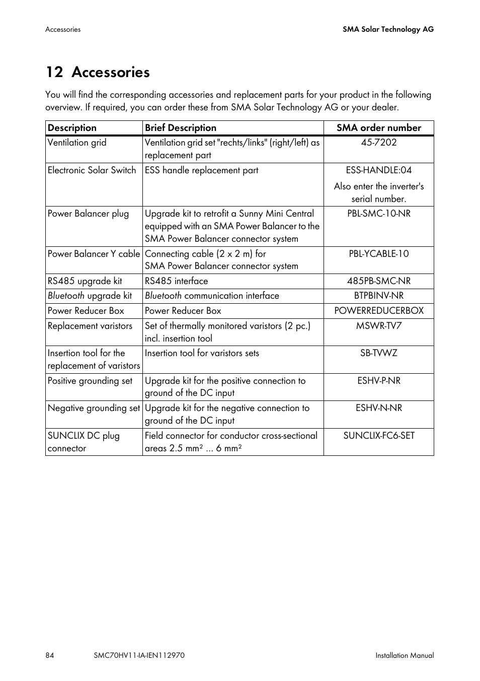 12 accessories, Accessories | SMA SMC 7000HV Installation User Manual | Page 84 / 88