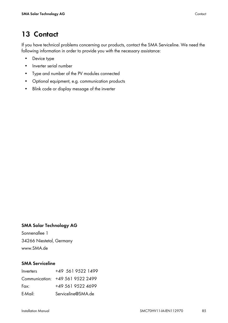 13 contact, Contact, Section 13 "contact | SMA SMC 7000HV Installation User Manual | Page 85 / 88
